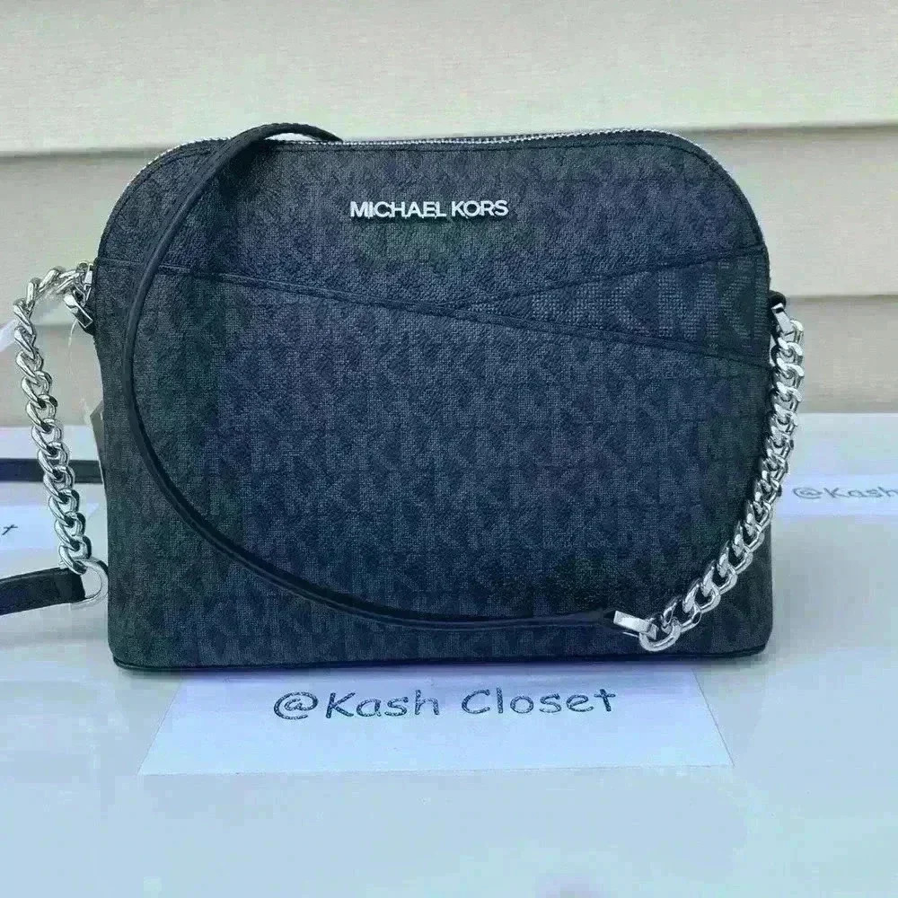 Michael Kors Dome Crossbody Purse Medium Jet Set MK Signature Black